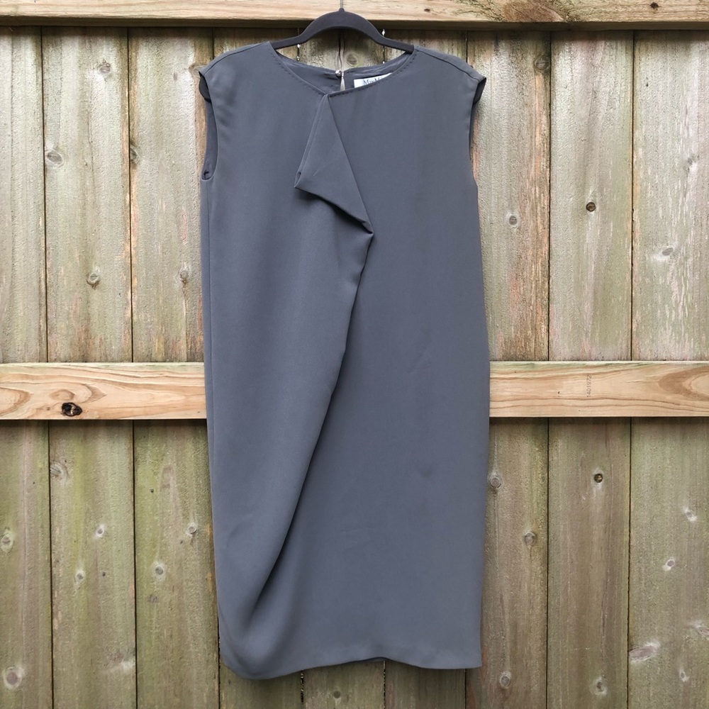 MaxMara Shift Dress Size 4 Gray Taupe Sleeveless Draped Panel Cap Sleeve